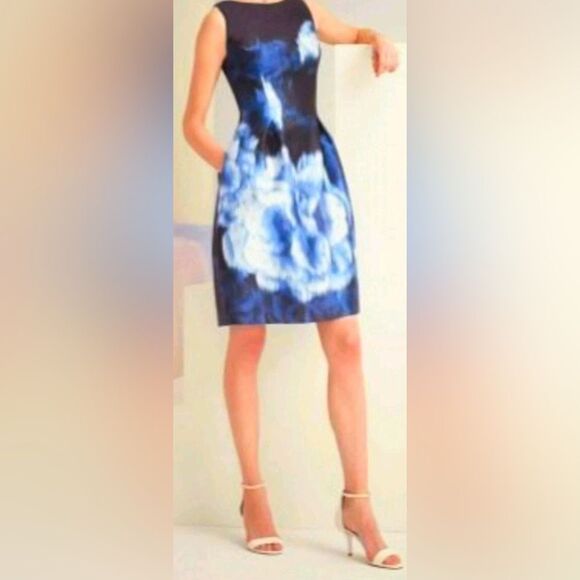 Lela Rose Dress Size 4 Fit & Flare Navy Floral Pockets Silk Zip Party Cocktail - Picture 1 of 9